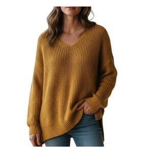 Jenni Kayne Cotton Sweater Mustard Yellow V Neck Chunky Knit Oversized sz XS